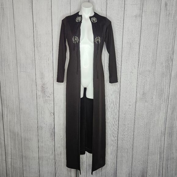 VTG 70s Chocolate Brown Duster with Beaded Sunburst Detailing, Tie Closure, sz 8 - Picture 5 of 9